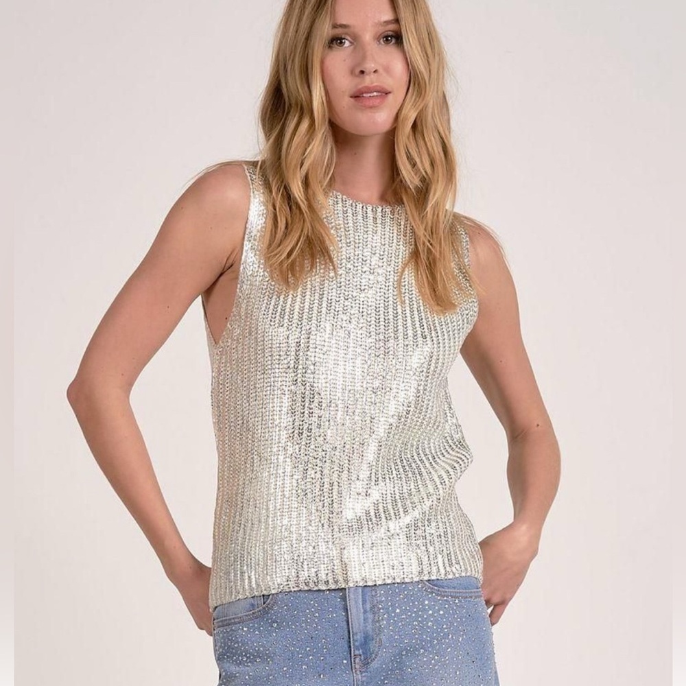 🩶NWT size Large ELAN Metallic coated Silver and ivory  knit sweater! Goegrous!